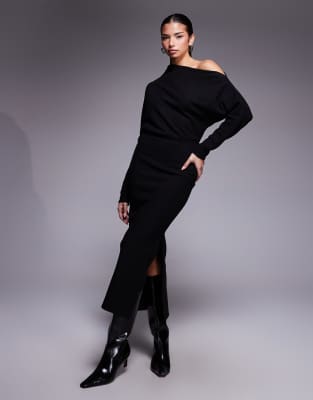 Robe mi-longue ultra-douce à manches longues et épaules tombantes - Noir 32
