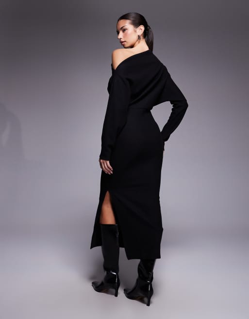 ASOS DESIGN - Robe mi-longue ultra-douce à manches longues et épaules tombantes - Noir, 2 de 4