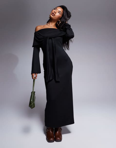 ASOS DESIGN - Robe mi-longue ultra douce nouée à encolure Bardot et manches longues - Noir - view 1