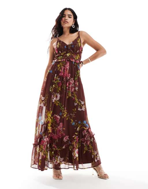 ASOS DESIGN - Robe mi-longue volantée à motif fleuri sombre avec col en V et corsage froncé