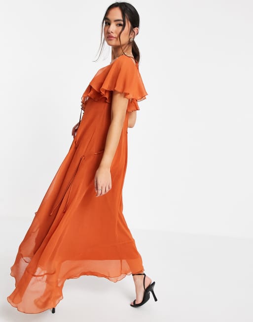 ASOS DESIGN Robe mi longue volant e avec liens nouer sur le devant et taille r glable Rouille