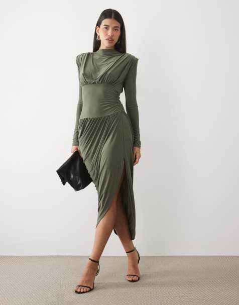 ASOS DESIGN robe midaxi drapée à col montant avec épaulettes en khaki - view 1