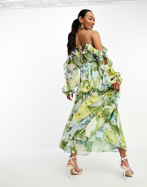 ASOS DESIGN Robe midi fleurs et volants avec paules d nud es