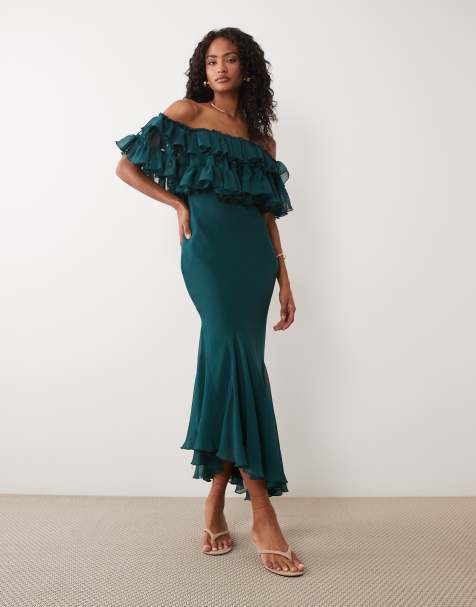 ASOS DESIGN robe midi à mélange de dentelle, bardot, épaules dénudées et volants, bleu sarcelle - view 1