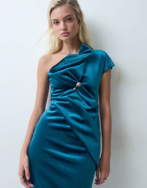 ASOS DESIGN Robe midi asymétrique à une épaule avec galon en velours lié bleu acier, 4 de 5