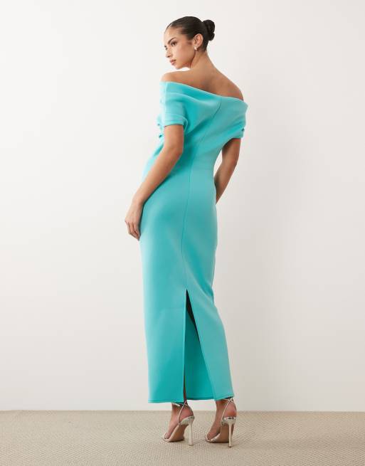 ASOS DESIGN robe midi bardot avec fente en tissu style scuba turquoise, 3 de 4
