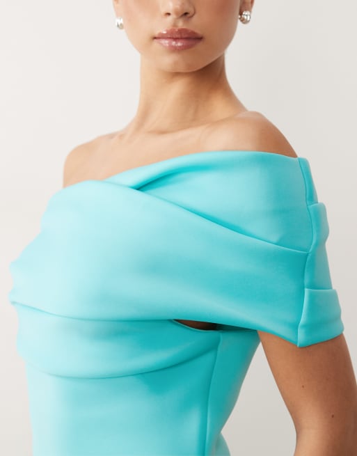 ASOS DESIGN robe midi bardot avec fente en tissu style scuba turquoise, 4 de 4