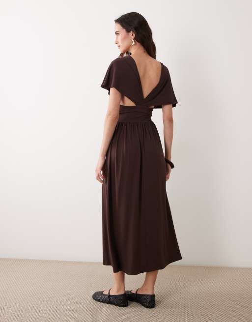 ASOS DESIGN robe midi cache-cœur col V marron, 3 de 4