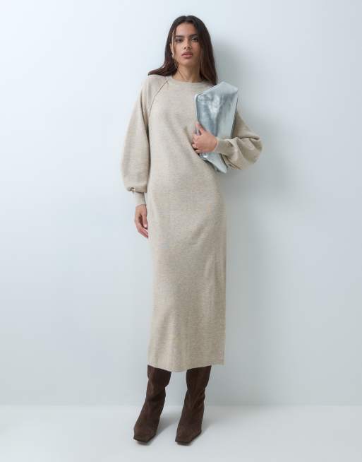 ASOS DESIGN robe midi coupe décontractée à maille fine col rond en coloris oatmeal, 2 de 5