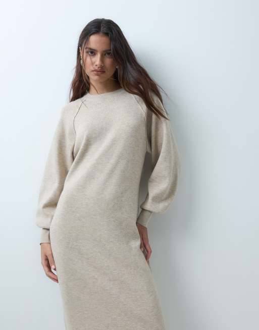 ASOS DESIGN robe midi coupe décontractée à maille fine col rond en coloris oatmeal, 4 de 5