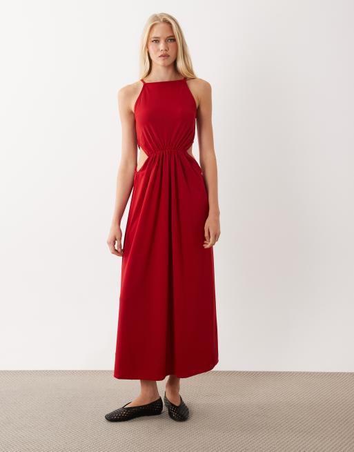 ASOS DESIGN robe midi dos nu avec découpes et jupe ample rouge, 2 de 4