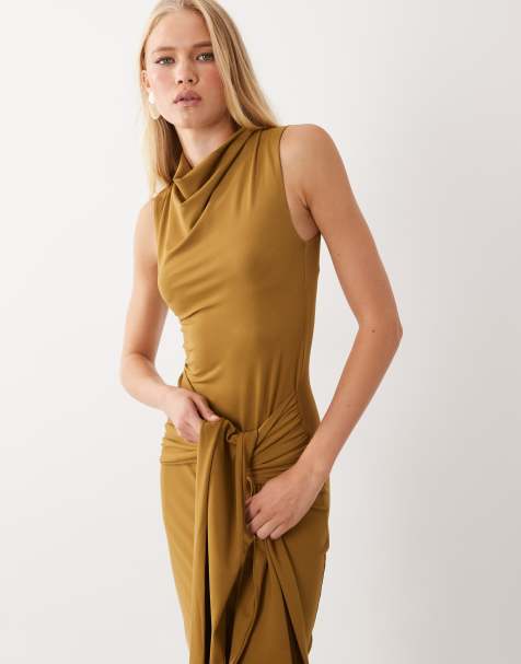 ASOS DESIGN robe midi dos nu avec lien à nouer, kaki - view 1