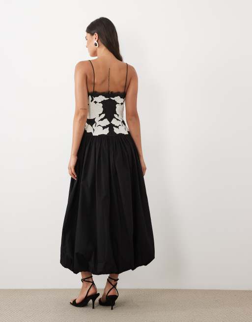 ASOS DESIGN robe midi en dentelle brodée avec jupe boule noire, 4 de 4
