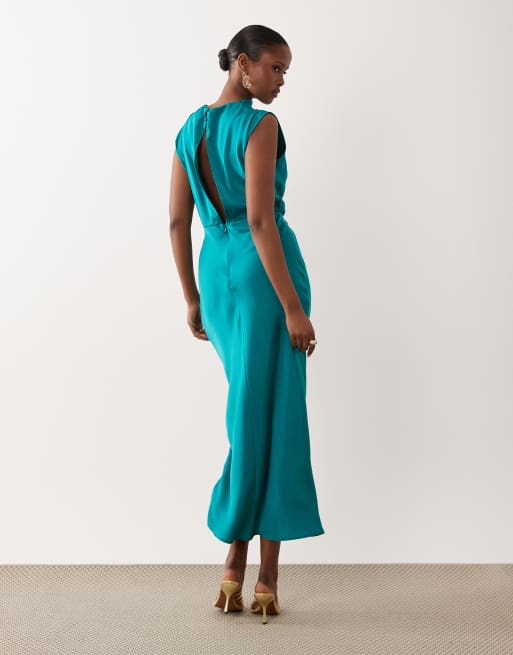 ASOS DESIGN robe midi en satin à col montant et corsage plissé turquoise, 2 de 4