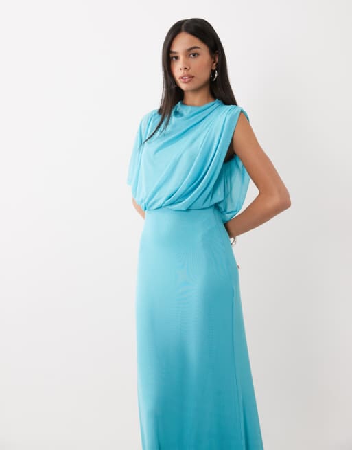 ASOS DESIGN robe midi en tulle asymétrique à manches courtes cap et corsage blousant bleue, 4 de 4
