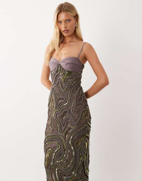 ASOS DESIGN robe midi métallisée à perles avec bustier en satin gris charbon - view 1