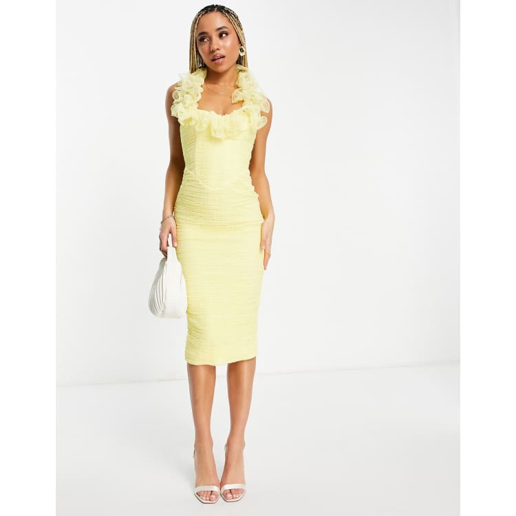 ASOS DESIGN Robe midi moulante volants en tulle fronc Jaune