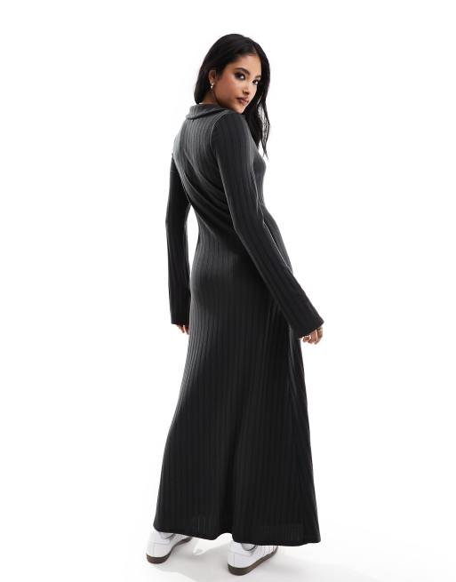 ASOS DESIGN - Robe moulante côtelée longueur mollet à col et manches longues - Gris, 3 de 4
