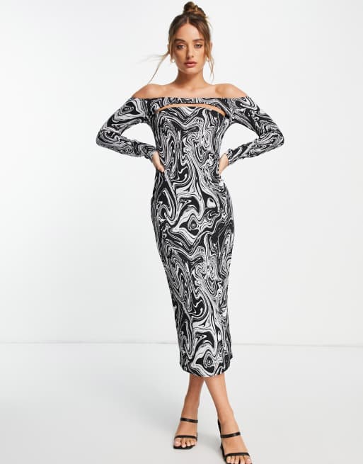 ASOS DESIGN Robe moulante mi longue en jacquard manches