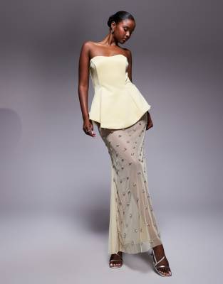 ASOS DESIGN - Robe moulée en néoprène de qualité supérieure avec jupe longue ornementée - Jaune beurre