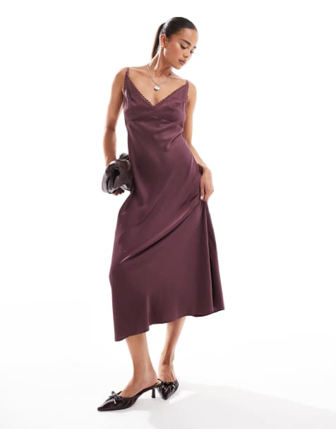 ASOS DESIGN - Robe nuisette caraco mi-longue à finition en dentelle - Bordeaux - view 1