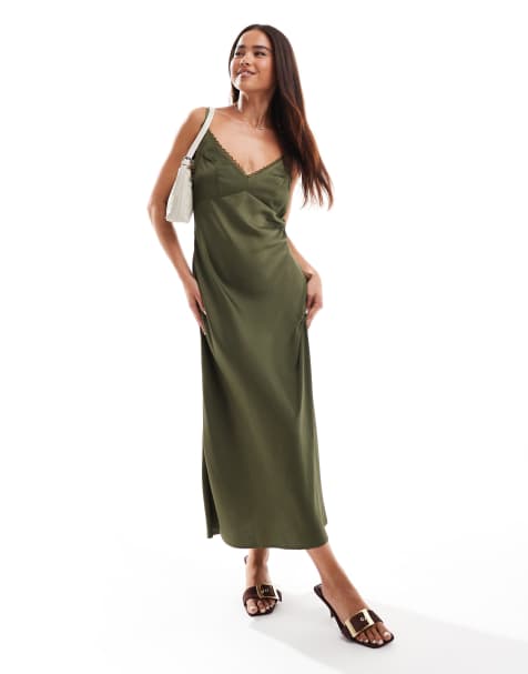 ASOS DESIGN - Robe nuisette caraco mi-longue à finition en dentelle - Kaki - view 1