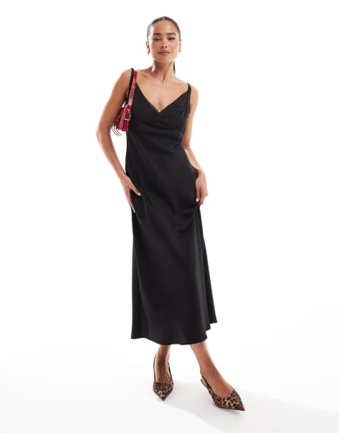 ASOS DESIGN - Robe nuisette caraco mi-longue à finition en dentelle - Noir - view 1