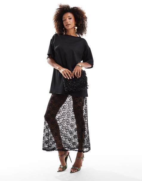ASOS DESIGN - Robe nuisette caraco mi-longue en dentelle et t-shirt 2 en 1 en maille point de Rome - Noir - view 1