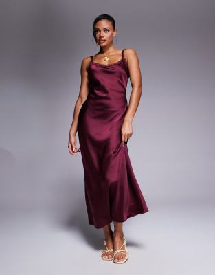ASOS DESIGN - Robe nuisette caraco mi-longue en satin avec encolure bordée de picots - Bordeaux - view 1