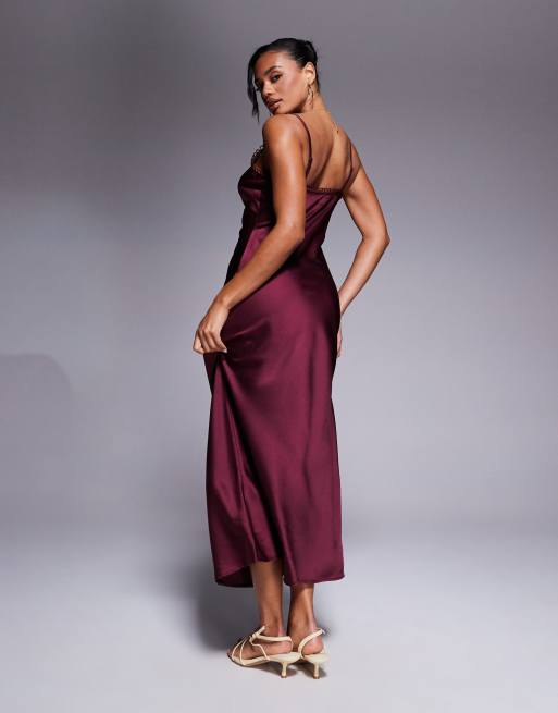 ASOS DESIGN - Robe nuisette caraco mi-longue en satin avec encolure bordée de picots - Bordeaux, 2 de 4