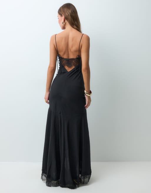 ASOS DESIGN - Robe nuisette longue à bretelles fines et empiècement en dentelle - Noir, 3 de 4
