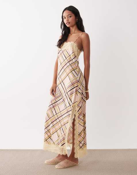 ASOS DESIGN - Robe nuisette longue à fines bretelles avec bordures en dentelle et imprimé à carreaux - Citron multicolore - view 1