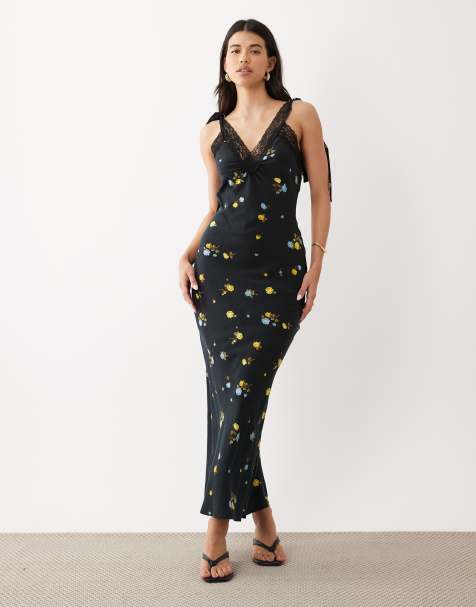 ASOS DESIGN - Robe nuisette longue à fleurs avec bordures en dentelle et liens - Noir - view 1