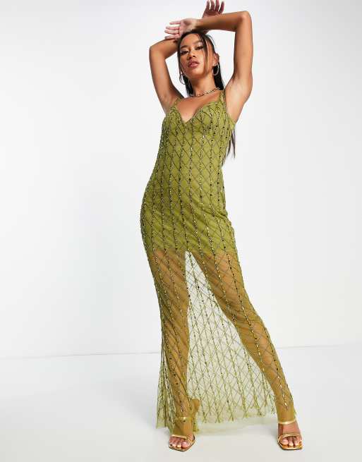ASOS DESIGN - Robe nuisette longue à sequins - Olive, 4 de 4