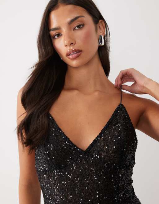 ASOS DESIGN robe nuisette longue à sequins transparents noire, 3 de 4