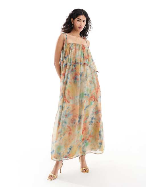 ASOS DESIGN - Robe nuisette longue à taille froncée avec imprimé flou