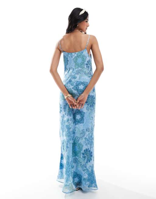 ASOS DESIGN Robe nuisette longue en mousseline a encolure degagee Bleu cachemire ASOS