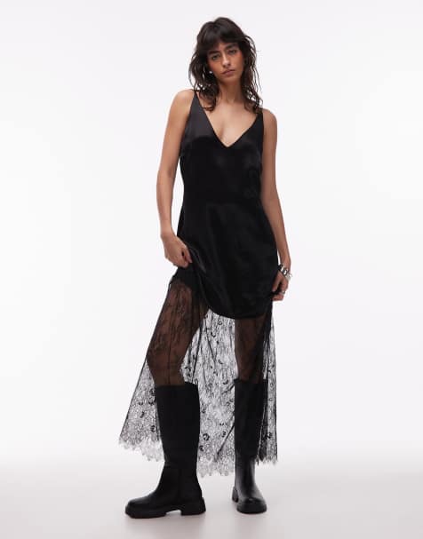 ASOS DESIGN - Robe nuisette longue en satin avec col V et jupe en dentelle - Noir - view 1