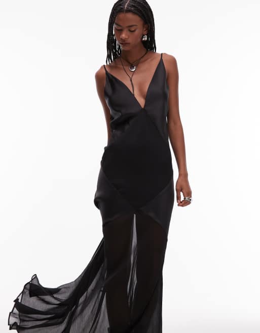 ASOS DESIGN - Robe nuisette longue en satin avec empiècement transparent - Noir, 3 de 4
