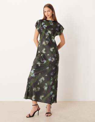 Robe nuisette longue satinée à mancherons et coutures apparentes - Vert fleuri flouté-Multicolore 38