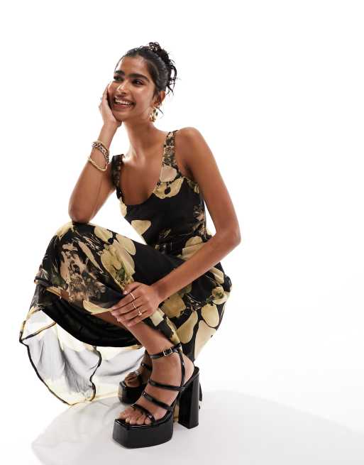 ASOS DESIGN Robe nuisette mi longue avec encolure d gag e et imprim fleurs Noir