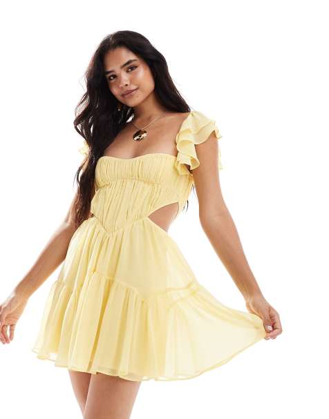 ASOS DESIGN - Robe patineuse courte à découpe avec corset et manches évasées - Citron - view 1
