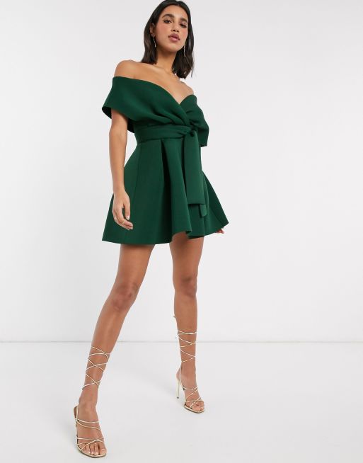 ASOS DESIGN Robe patineuse courte paules tombantes avec liens nouer Vert for t