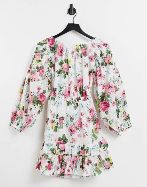 ASOS DESIGN - Robe patineuse courte brodée à volants avec dos croisé et imprimé floral