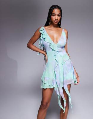 ASOS DESIGN - Robe patineuse courte en tulle avec drapé et volants - Imprimé fleurs-Multicolore