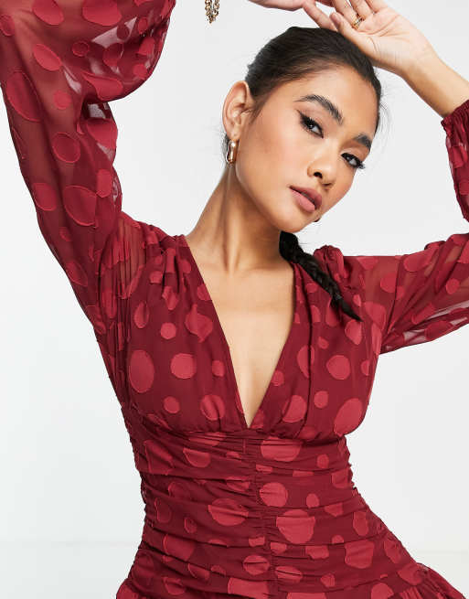 ASOS DESIGN Robe patineuse courte manches longues fronc e sur le devant et pois jacquard Bordeaux