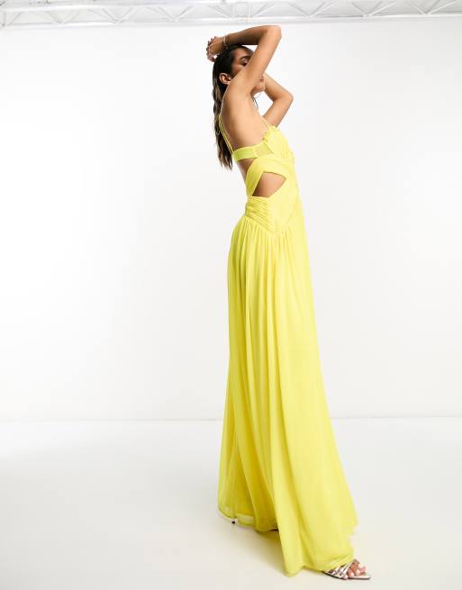 ASOS DESIGN - Robe patineuse longue à bretelles et découpes avec buste froncé - Jaune, 2 de 4