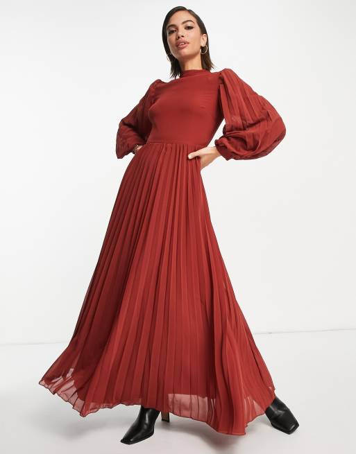 ASOS DESIGN - Robe patineuse longue plissée à col montant et manches longues - Rouille