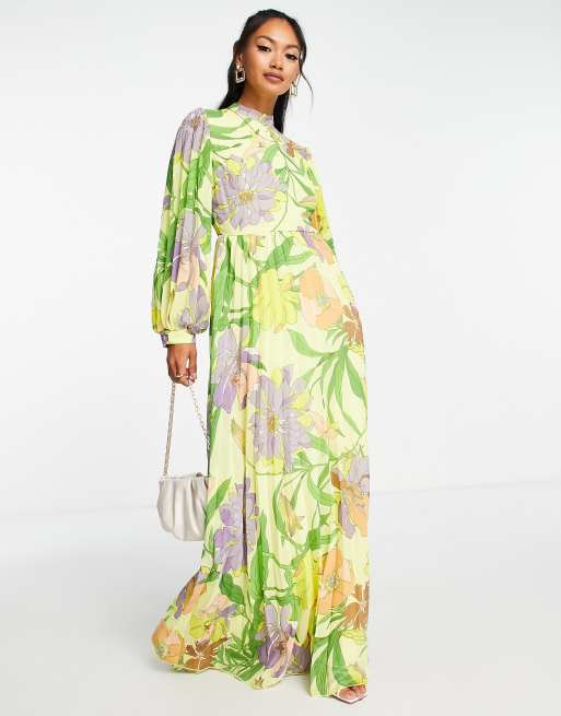  ASOS DESIGN - Robe patineuse longue plissée à imprimé fleurs avec col montant et manches longues