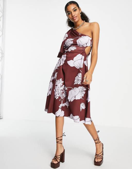 ASOS DESIGN Robe patineuse mi longue asym trique avec manche bouffante et fente sur le c t imprim fleurs d hiver